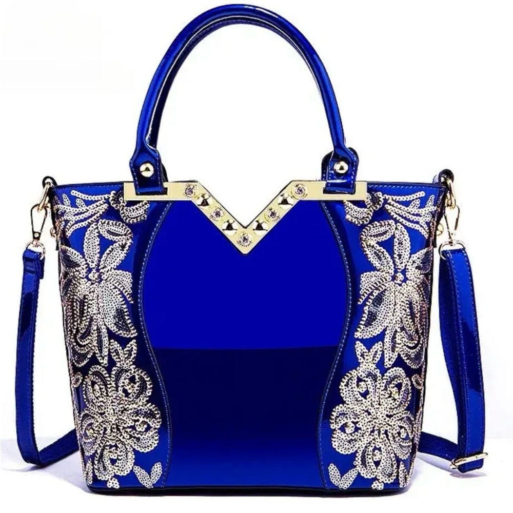 NEW - Large Capacity Designer Floral Embroidery Patent Leather Shoulder Tote bad